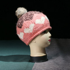 MC-151C 真兔毛球儿童毛线帽子 冬季心形贝雷帽针织帽儿 亲子帽子