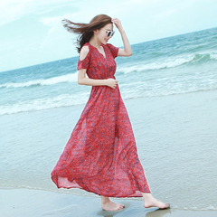 2016夏季新款露肩短袖显瘦雪纺连衣裙波西米亚长裙海边度假沙滩裙