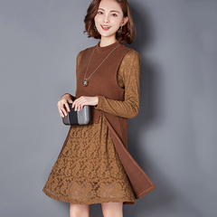 秋冬韩版女士加绒加厚蕾丝两件套连衣裙 保暖中长款套装裙子a型潮