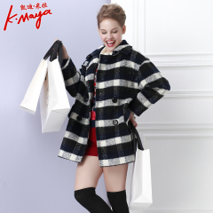 凯迪米拉冬装新款韩版宽松直筒黑白格羊毛毛呢双排扣大衣外套女