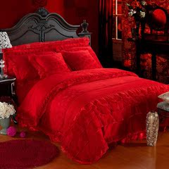 蕾丝贡缎提花四件套结婚床上用品六件套大红婚庆绣花多件套1.8m床