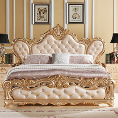 佳木宜居 欧式床 法式床 实木 香槟金色真皮床 1.8米双人床 婚床