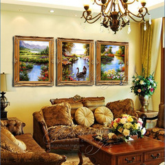 手绘油画欧式风景装饰画客厅卧室挂画玄关壁画有框画三联天鹅湖