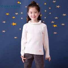 curlysue韩国可爱秀童装冬季新款女童纯色套头翻领竖条纹针织毛衣