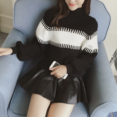 天天特价女装 韩版长袖黑白撞色高领毛衣 短款套头立领线衣针织衫
