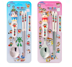 韩国进口正品 蜡笔小新不锈钢勺子筷子儿童可爱卡通餐具套装