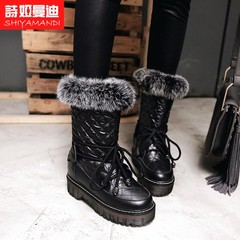 橡胶黑色套筒雪地靴韩版防水台格子女欧洲站水染皮靴子女鞋