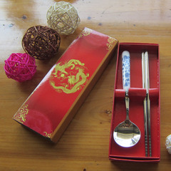 圣诞节礼品正方形不锈钢筷子骨瓷汤勺餐具套装展销会广告赠品