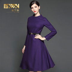 2016冬季新款品牌女装高端紫色长袖羊毛呢连衣裙秋冬中长款A型