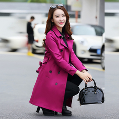 玫红色风衣女中长款修身韩版系带风衣外套2017春季女装新款外套潮