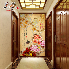 中式牡丹玉兰壁画 玄关隔断过道走廊背景墙纸 典雅大气无缝壁纸