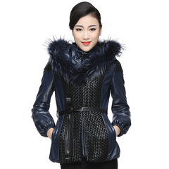 Dongming超大貉子帽条真皮皮衣2016冬新款加棉绵羊皮衣女修身外套