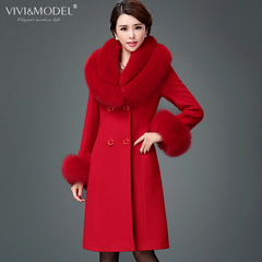羊绒大衣女长款2015冬季新款修身超大奢华狐狸毛领羊毛呢大衣外套
