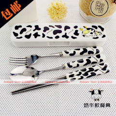 陶瓷不锈钢奶牛叉勺筷餐具套装日韩式便携式创意卡通三件套包邮