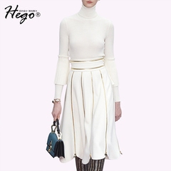 Hego2016冬装新款欧美优雅时尚气质休闲百褶裙修身名媛套装女潮