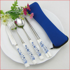 花卉青花瓷骨瓷不锈钢勺子筷子叉子牛排刀陶瓷餐具套装学生便携式