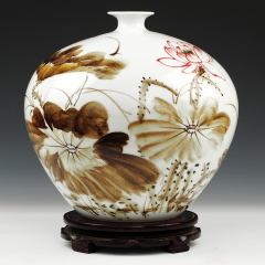 景德镇陶瓷器 手绘名人大师作品荷花花瓶 仿古客厅家居摆件 收藏