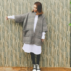 一悠子设计师原创2016冬装新款文艺条纹蝙蝠袖针织开衫毛外套女装