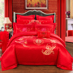 全棉婚庆四件套大红色结婚四件套贡缎纯棉六八件套床单床盖式包邮