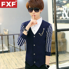 FXF青少年男士长袖衬衣马甲假两件外套韩版修身弹力春装上衣男潮