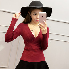 2016秋装韩版女装V领性感低胸修身长袖毛衣针织衫弹力打底衫上衣