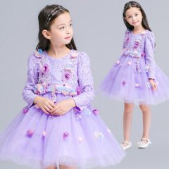 万圣节欧美童装紫色公主女童连衣裙长袖女童公主裙儿童礼服童裙