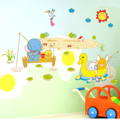 儿童房墙贴壁画贴纸 大象钓鱼 可移除幼儿园房间装饰创意墙上贴画