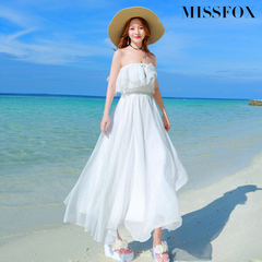 夏海边度假沙滩裙波西米亚白色长裙荷叶边一字领露肩连衣裙雪纺女