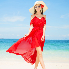 海边度假必备波西米亚长裙大红色吊带连衣裙夏马尔代夫海滩沙滩裙