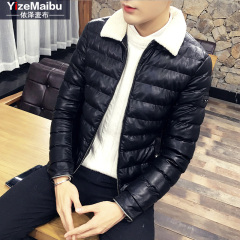 冬季男士羊羔绒保暖棉衣外套韩版修身青少年纯色PU皮棉衣学生衣服