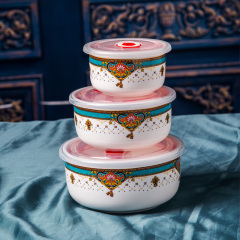 瓷魂时尚欧式陶瓷器餐具碗带盖密保鲜碗盒微波炉陶瓷饭盒三件套装