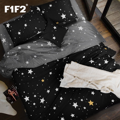 F1F2家纺 全棉时尚欧美风四件套 纯棉床单床笠床上用品 星空层灰