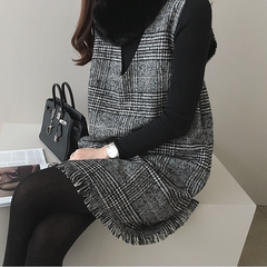 2016冬款韩国官网正品代购女装Dailylook格纹设计新款连衣裙验证
