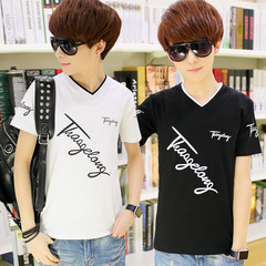 夏季男装V领短袖t恤修身上衣服 韩版青少年男士半截袖体恤情侣衫