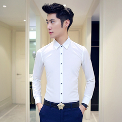春装新款男士长袖衬衫韩版修身白色衬衣英伦商务免烫职业正装衬衫