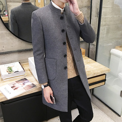 冬季男士风衣韩版修身立领大衣青年单排扣中长款毛大衣毛呢外套潮