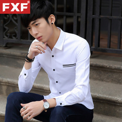 小清新男士长袖衬衫 青少年学生韩版修身衬衣休闲打底衣方领寸衫