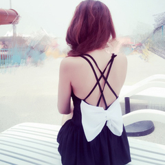 璀然-黑色露背钢托遮肚显瘦女士性感韩版温泉裙式连体泳衣保守