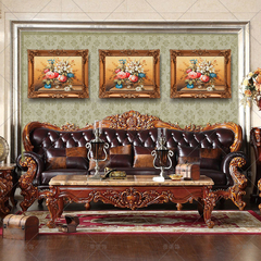 欧式家居客厅餐厅卧室玄关壁炉过道三联花卉有框装饰画纯手绘油画
