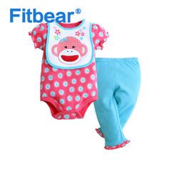 FITBEAR 3件婴儿套装短袖哈衣包屁衣长裤口水巾全棉卡通潮