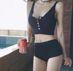 韩国女针织比基尼黑色性感纽扣杏色纯色分体泳衣三角毛线小胸大胸