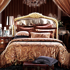 欧美式提花床品双面真丝被套 别墅软装床上用品绸缎四件套咖啡色