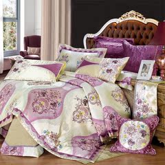 君荣家纺 田园居家床罩四六八十件套 贡缎高档紫色多件套床上用品