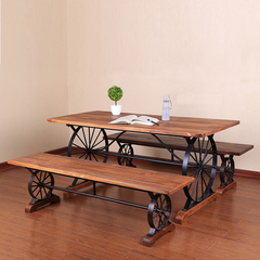美式乡村酒吧咖啡厅长桌椅组合户外休闲车轮创意复古铁艺实木餐桌