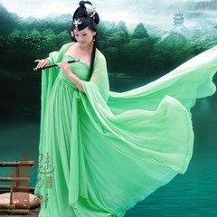 飘逸仙女裙舞蹈服装 儿童古装影楼服装 绿色古筝古琴演出服浣纱情