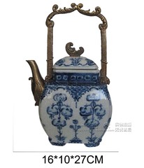 美式乡村 欧式 新古典仿古青花瓷铜雕茶壶摆件 工艺摆设家居装饰