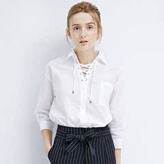 iFashion2016秋装新款白色系带方领衬衫女休闲七分袖衬衣百搭上衣