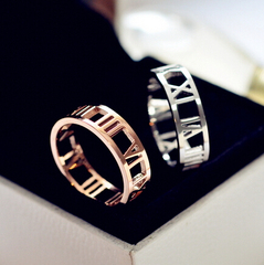 韩国进口钛钢镀18K镂空罗马数字戒指环女时尚潮人明星同款饰品