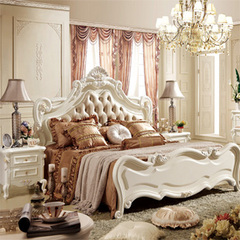 欧式实木双人床 1.8米婚床 描金真皮床 象牙白特价高箱床 法式床