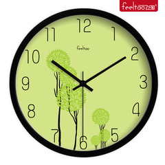 飞淘客厅超静音挂钟 绿色插画创意韩式时钟 时尚简约现代石英钟表